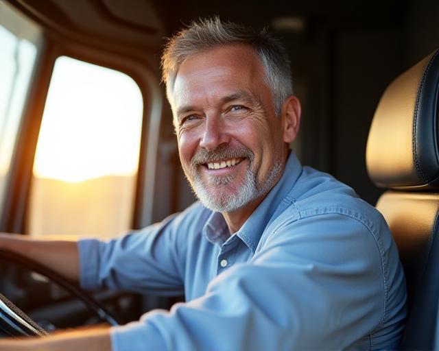 Professional truck driver smiling in cab