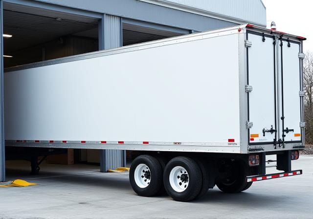 Modern dry van trailer parked at loading dock
